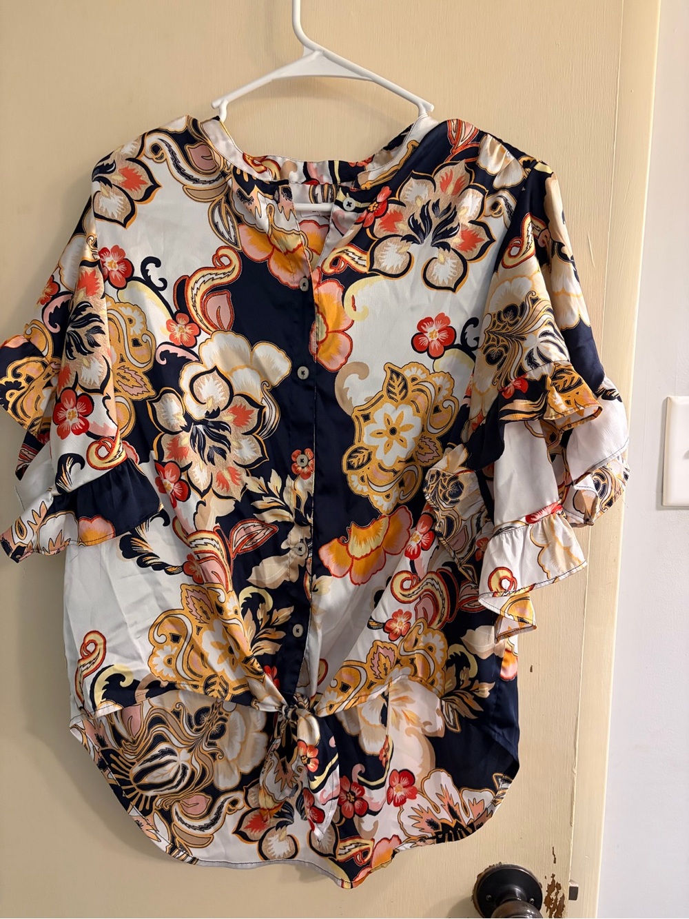 Chico's Navy, White & Gold Floral Tie-Front Blouse with Coral Accents